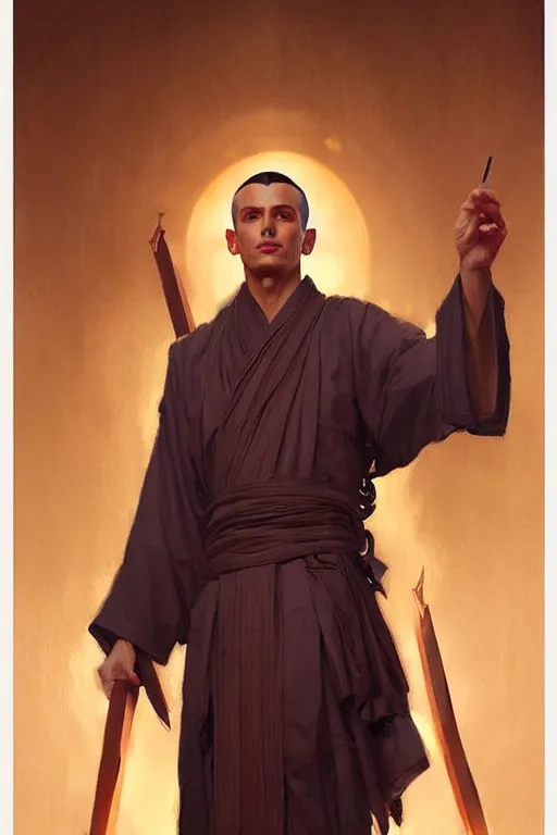 Image similar to male, temple, taoism, painting by greg rutkowski, j. c. leyendecker, artgerm