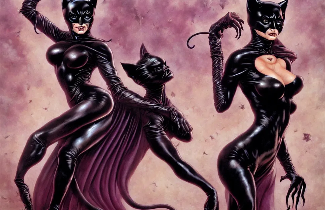 Image similar to cat woman from batman in the style of wayne barlowe, gustav moreau, peter mohrbacher, bussiere, roberto ferri, santiago caruso, luis ricardo falero, austin osman spare, boris vallejo, hajime sorayama, frazetta