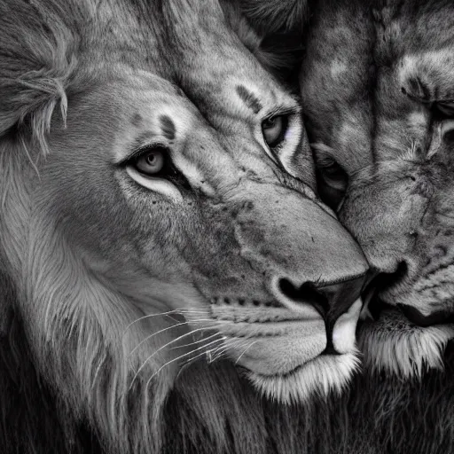 Prompt: a farmed photography of a lion kissing a lion male skull, detailed, 4k, fantasy