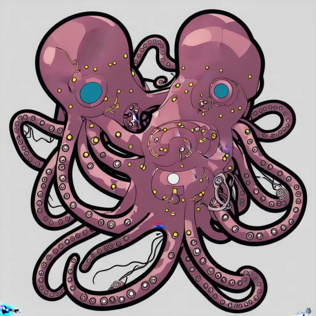 Prompt: damaged cyborg robotic octopus, symmetrical sticker design, vector art, 8k, trending on artstation