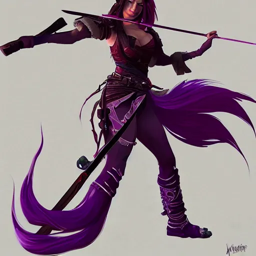 Image similar to beautiful female warrior with long purple hair and katana in epic fighting pose, highly detailed, trending on artstation, stylized, by WLOP