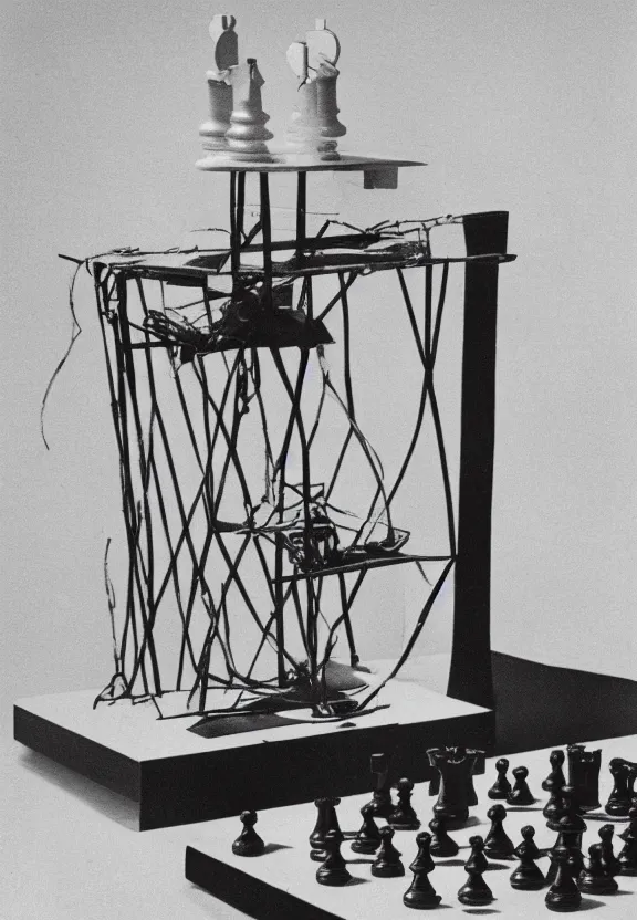 Image similar to a chess - piece building machine, minimal white machinery with cables, a surrealist sculpture by marcel duchamp, archival pigment print, 1 9 1 4, conceptual art, artwork, academic art, surrealist, fluxus