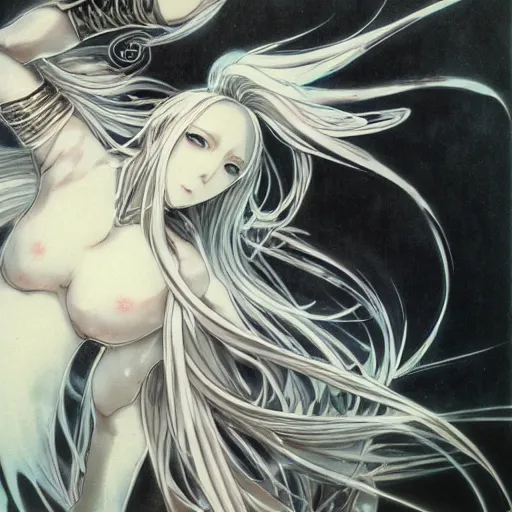 Image similar to blurred and dreamy character design by yoshitaka amano of an anime girl with black eyes, wavy white hair fluttering in the wind wearing elden ring armor with engraving, abstract black and white patterns on the background, noisy film grain effect, highly detailed, renaissance oil painting, weird portrait angle, yoshitaka amano color palette, three quarter view