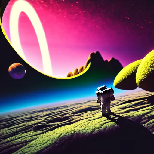 Image similar to astronaut finding a flower on an alien planet with mountains, water, strange clouds, hyper realistic, dramatic lightning, ray tracing, 8 k