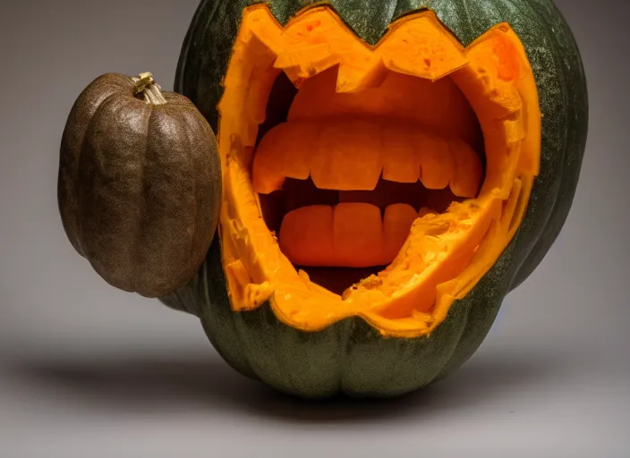 Image similar to photo still of a pumpkin with a human mouth, 8 k, studio lighting bright ambient lighting key light, 8 5 mm f 1. 8