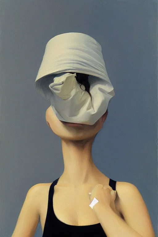 Prompt: Woman wearing oculus and toilet paper over his head, Edward Hopper and James Gilleard, Zdzislaw Beksisnski, highly detailed