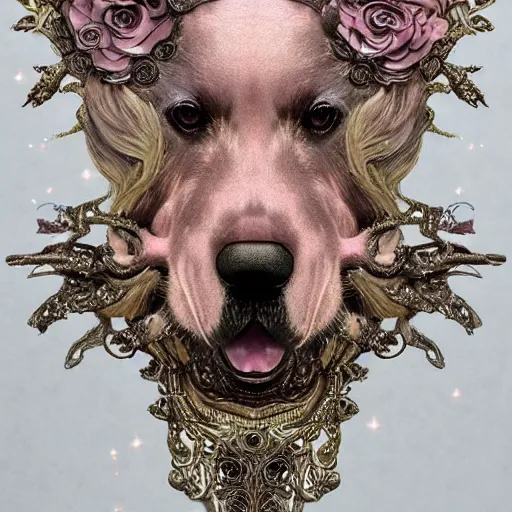 Prompt: Golden Retriever in a cosmic dress, full-body tattoos, ornate, rococo, Psychedelic, zbrush art, majestic, organics, Emil melmoth, eerie, macabre, haunting + insanely detailed and intricate, floral, faded pink, hypermaximalist, elegant, vintage, hyper realistic, super detailed, pastel color, 8K,