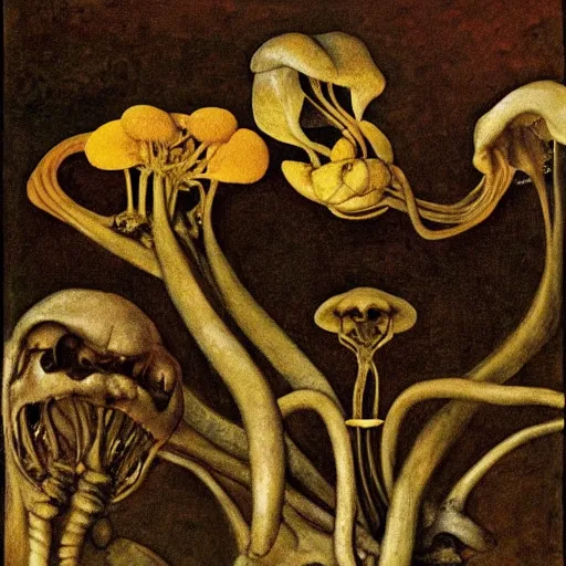 Image similar to carnivorous plants, by Odd Nerdrum, by Francisco Goya, by M.C. Escher, beautiful, eerie, surreal, colorful