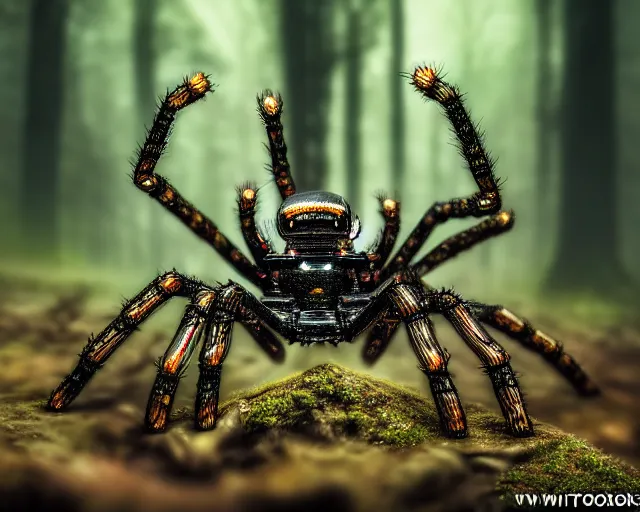 Prompt: photo of a cyborg biomechanical spider in the forest. fantasy cyberpunk style. highly detailed 8 k. intricate. nikon d 8 5 0 5 5 mm. award winning photography.