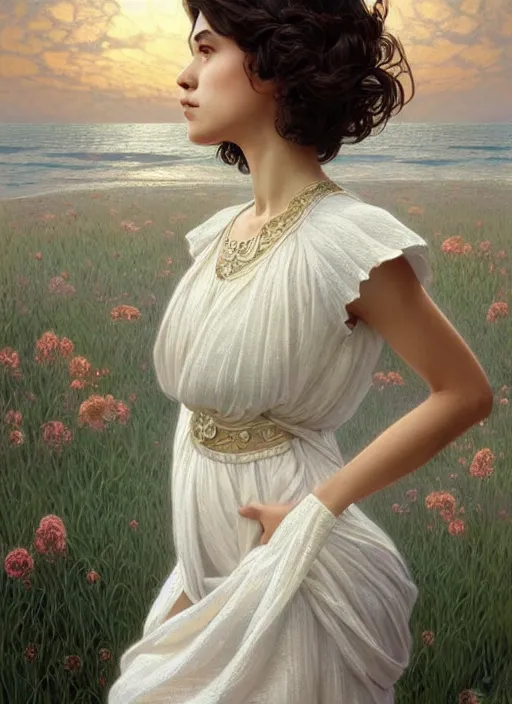 Image similar to full body portrait of a woman posing, short wavy hair, round face, intricate white dress, cottagecore!!, inside water, intricate, enlightened, highly detailed, digital painting, artstation, concept art, smooth, sharp focus, illustration, art by artgerm and greg rutkowski and alphonse mucha