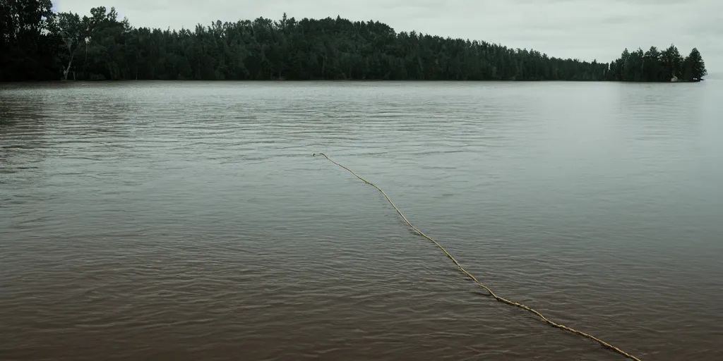 Prompt: centered photograph of a single line of thick brown \ long rope floating on the surface stretching out to the center of the lake, a dark lake sandy shore on a cloudy day, color film, trees in the background, hyper - detailed kodak color film photo, anamorphic lens