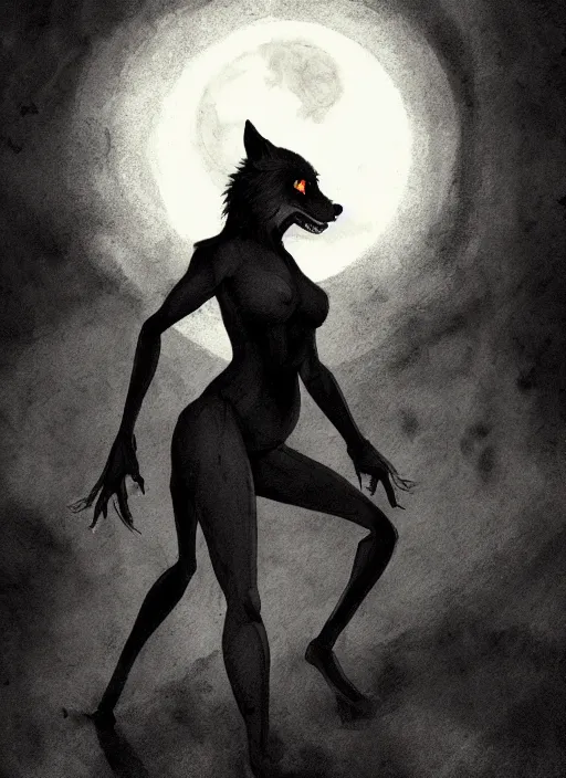 Prompt: werewolf girl in a dark bedroom, anthro, fierce, creepy