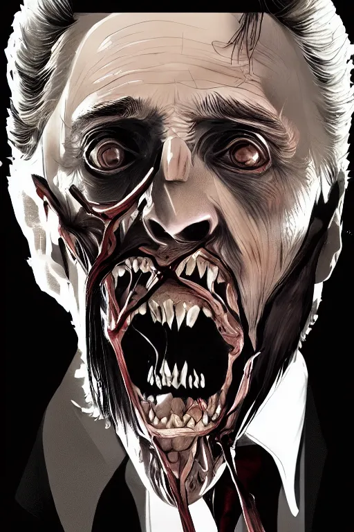 Image similar to christopher walken in sleepy hollow, full body, big two toned eyes, teeth gritted, horror, intricate details, cinematic, epic, realistic, anatomy, tomer hanuka, uplight, artstation, photorealistic, scary