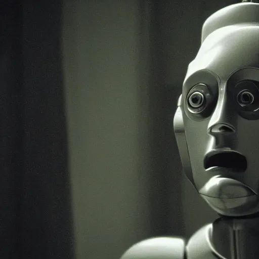 Image similar to movie scene of a man with a robot head, movie still, acting, cinematic composition, cinematic lighting, Movie by David Lynch and Andrzej Żuławski