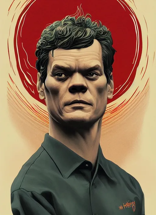 Image similar to poster artwork by Michael Whelan and Tomer Hanuka, Karol Bak of portrait of Michael Shannon!!!!!! the local mechanic clerk at the auto store, from Twin Peaks, clean, simple illustration, nostalgic, domestic, full of details