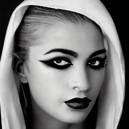 Prompt: black and white vogue closeup portrait by herb ritts of a beautiful female model, persian, elaborate eyeliner, high contrast