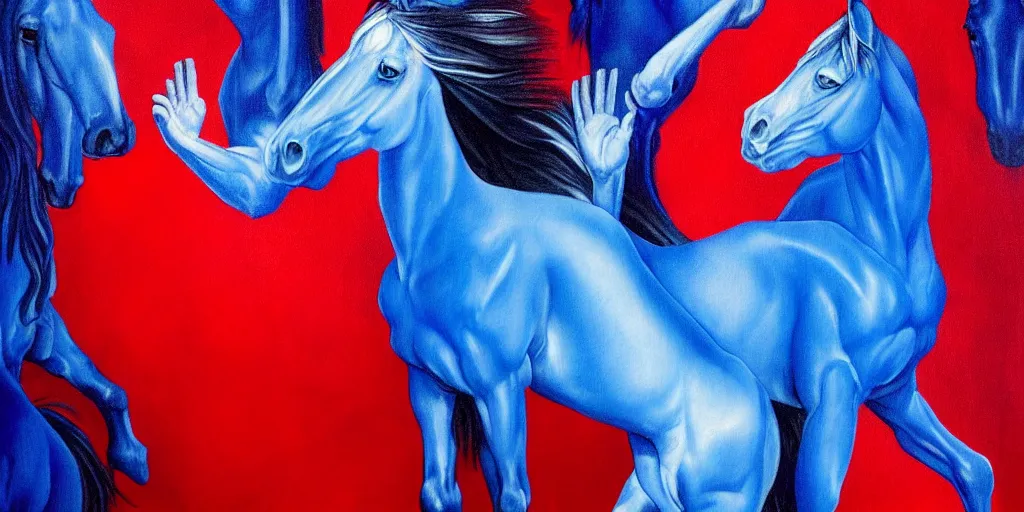 Image similar to only with blue, ney motogrosso in love with a red stallion, too many hands in all directions, in hoc signo vinces, waterfall, in the style of leonora carrington, gottfried helnwein, intricate composition, blue light by caravaggio, insanely quality, highly detailed, masterpiece, red light, artstation