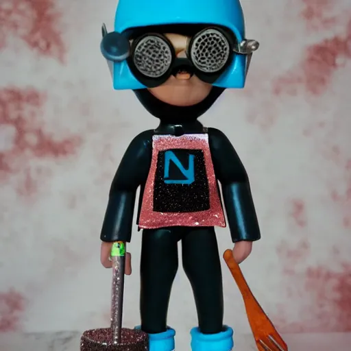 Image similar to nils bohr cosplay car mechanic, stop motion vinyl action figure, plastic, toy, butcher billy style with glittery accents