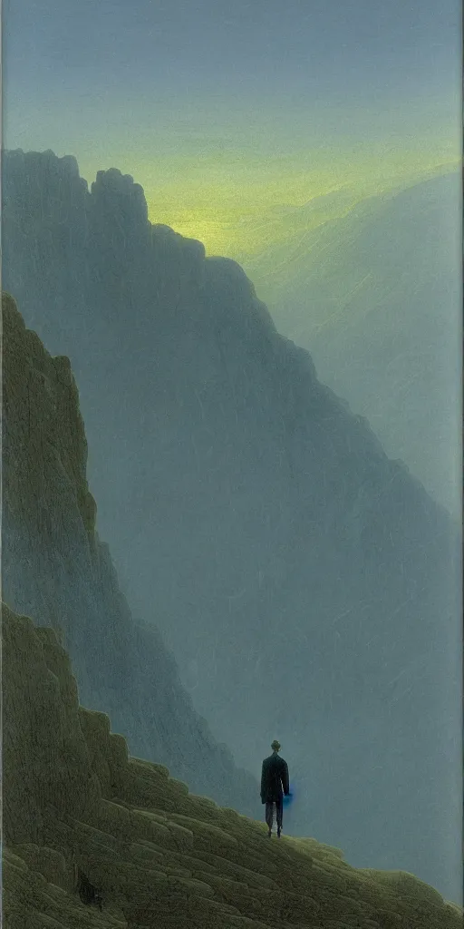 Image similar to small male figure in epic foggy mountainscape, expansive view, dozens of thin glowing straight lines extend from ground into the sky, by Caspar David friedrich