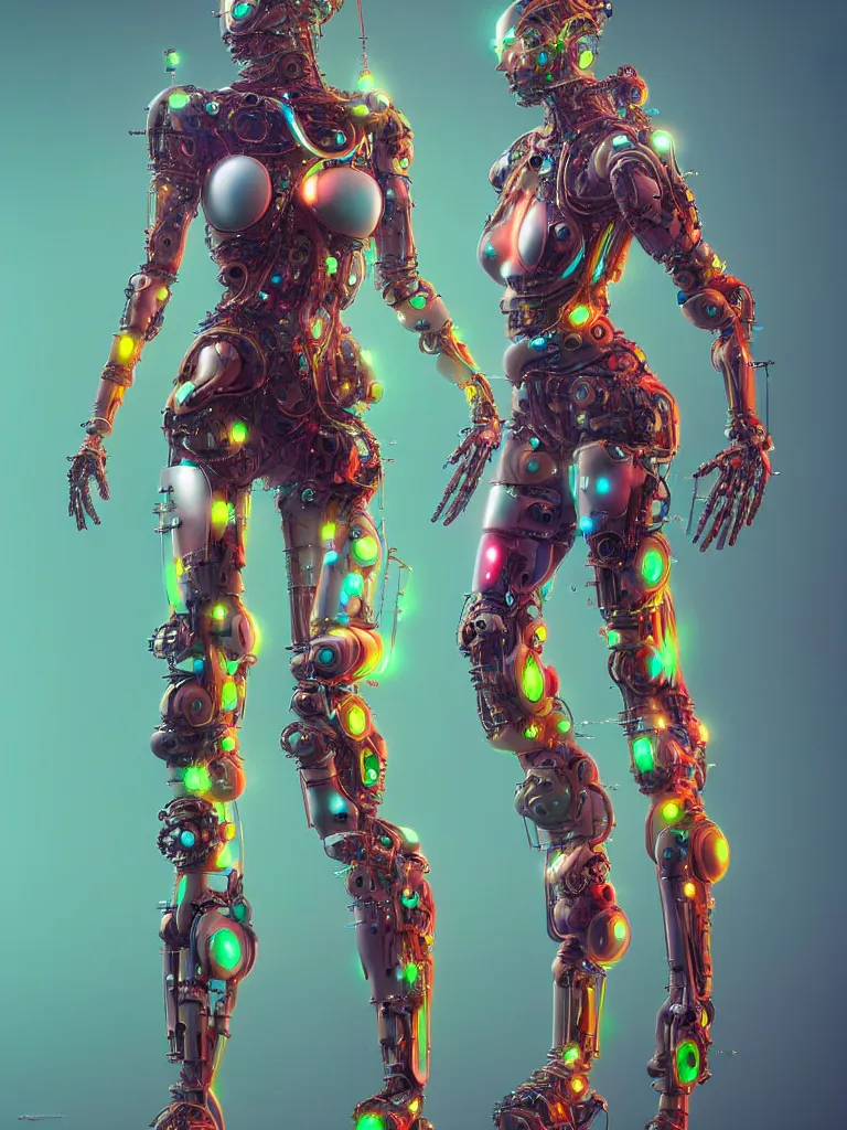 Prompt: full lenght shot woman in biomechanical dress, inflateble shapes, wearing epic bionic cyborg implants of different colors, masterpiece, intricate, biopunk futuristic wardrobe, highly detailed, artstation, concept art, background galaxy, cyberpunk, octane render