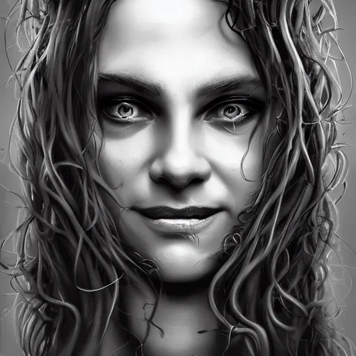 Image similar to medusa portrait painting, black and white, wicked grin, artstation, detailed, blurred background