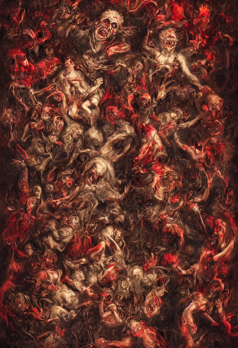 Image similar to musicians collide with the multidimensional, sun god, death god, hell, smile, monster teeth covered in red, dark and mysterious, full body, rococo, cinematic, epic, very detailed, full body