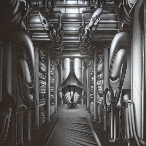 Prompt: h r giger, a large biomechanical room, a funnel leading down, moody lighting, dark atmosphere