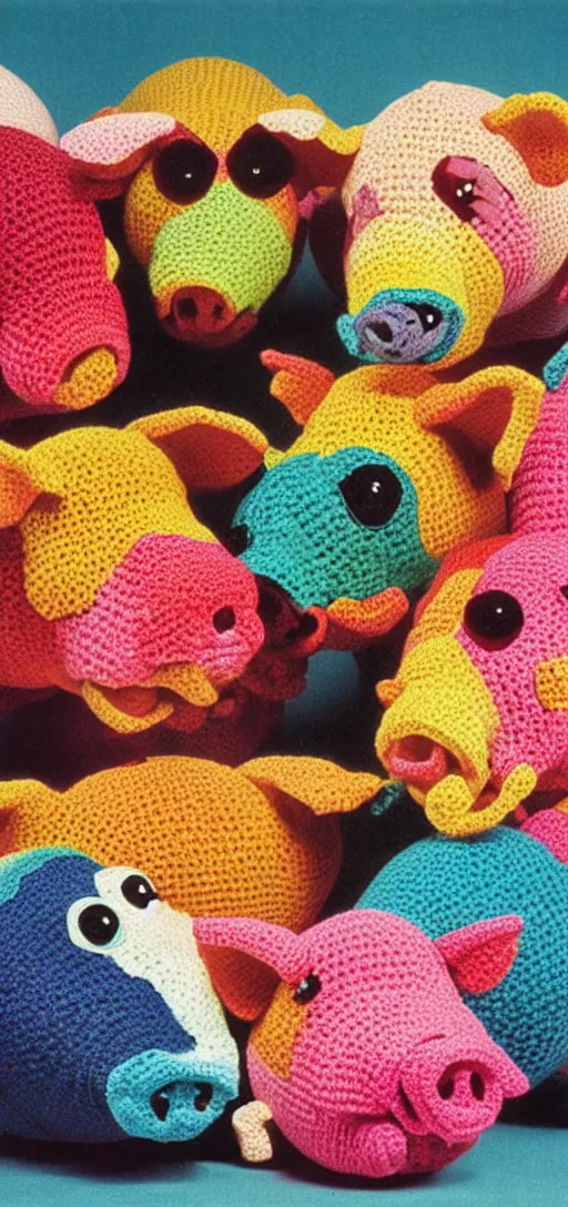 Image similar to multicolored crocheted pigs, 1 9 8 0 s catalogue photo