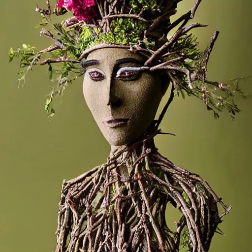 Prompt: anthropomorphic tree woman sculpture made from twigs wearing a crown made of flowers and leaves