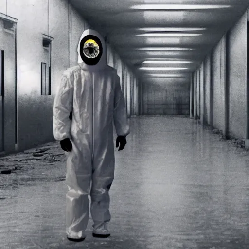 Prompt: news reporter in a hazmat suit 1 9 9 0 s news found footage of an abandoned soviet downtown with a humanoid scp hidden in background, liminal space, backrooms, scp, film grain, rundown, eerie, dark lighting, 3 5 mm, realistic, photograph, hazmat suits, foggy, silent hill style, detailed, hyperrealistic