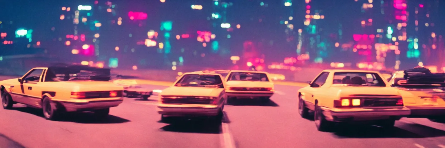 Image similar to 8 0 s neon movie still, high speed car chase on the highway with city in background, medium format color photography, 8 k resolution, movie directed by kar wai wong, hyperrealistic, photorealistic, high definition, highly detailed, tehnicolor, anamorphic lens, award - winning photography, masterpiece