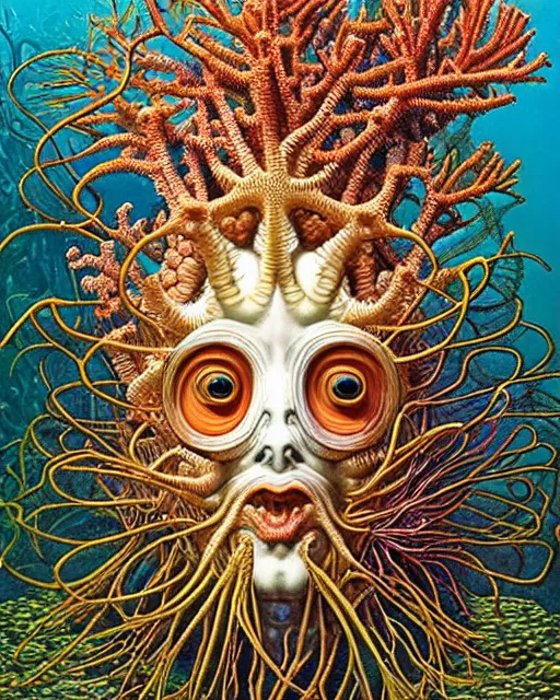 Image similar to hyperrealistic detailed underwater face portrait of the beautiful god of the fish with an intricate headgear of corals, sea kelp, sea plants, fish, starfish, jellyfish, art by ernst haeckel, james jean, gothic, neo - gothic, ornamental, beautiful deep colours,
