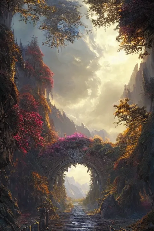 Image similar to A beautiful hyper realistic detailed matte painting of an intricate steel and gold gateway over a pathway through a colorful forest, dramatic sky, dramatic mountains in background, dramatic lighting, dynamic lighting, cinematic lighting, vivid, by Raphael Lacoste and John Howe and Andreas Rocha, unreal engine, featured on artstation