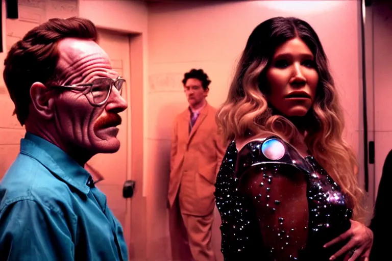 Prompt: film still of bryan cranston and kesha and a cyborg woman in cosmic horror! the musical by david cronenberg, budapest street background, 3 5 mm film, atmospheric, ultra fine detail, film grain, photorealistic, hyperrealistic dramatic lighting