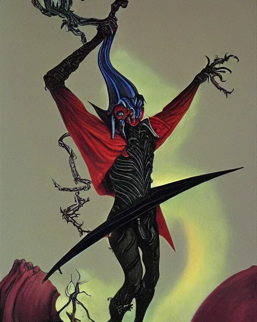 Image similar to male, dark jester by roger dean!!, by hr giger, hd, 8 k, highly detailed, sharpness