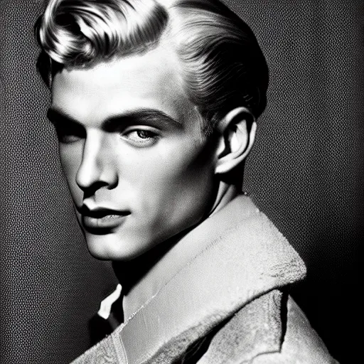 Prompt: a beautiful close - up of a blonde male actor from the 1 9 3 0 s. high cheekbones. good bone structure. dressed in 1 9 4 0 s style. butterfly lightning. key light sculpting the cheekbones. clear eyes. by george hurrell.