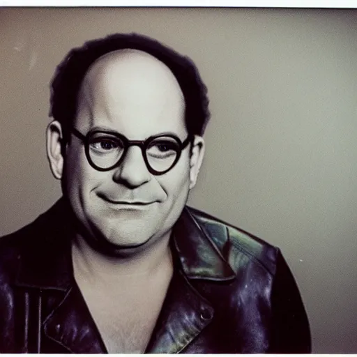 Prompt: Portrait of George Costanza in a leather jacket, ethereal!!!!, polaroid, punk