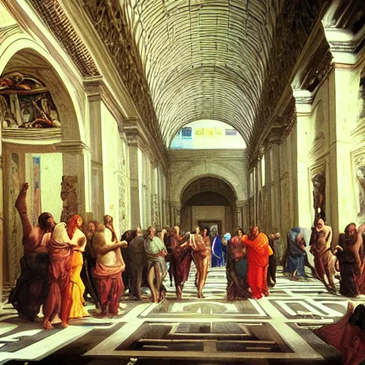 Prompt: cyberpunk the school of athens, iconic paiting, concept art, art, hyper detailed, intricate, 8 k, illustration