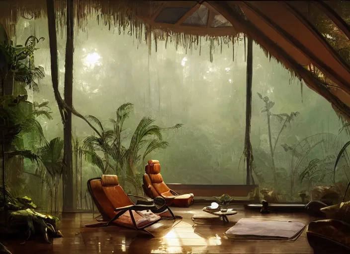 Image similar to a beautiful painting of the interior of a geodesic house in a moist tropical rainforest, living room, by greg rutkowski, realism, artstation, nature