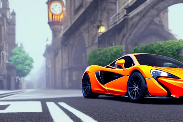 Image similar to a wholesome animation key shot of!! one!! focused!! mclaren!!! p 1!!, shiny deep orange, in a misty london street, wide shot, studio ghibli, pixar and disney animation, sharp, very detailed, high resolution, rendered in unreal engine 5, anime key art by greg rutkowski, bloom, dramatic lighting