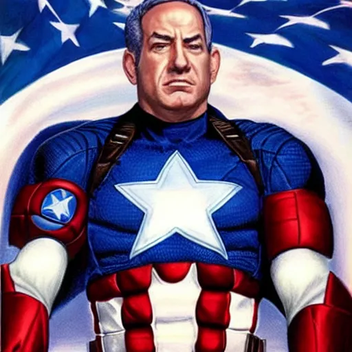 Prompt: A portrait of Benjamin Netanyahu as Captain America by Alex Ross, detailed