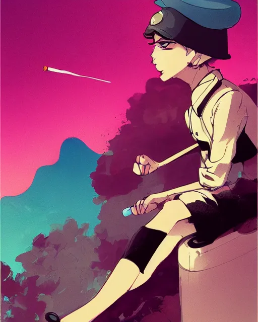 Image similar to girl with beret smoking a cigarette, colored manga panel, drawn by Anton Fadeev