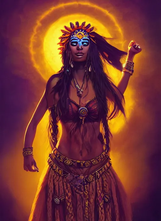 Image similar to aztec sun goddess, vivid colors, dark shadows, contrast, concept art, sharp focus, digital art, Hyper-realistic, 4K, Unreal Engine, Highly Detailed, Dramatic Lighting, Beautiful, by Brom, bastien lecouffe-deharme