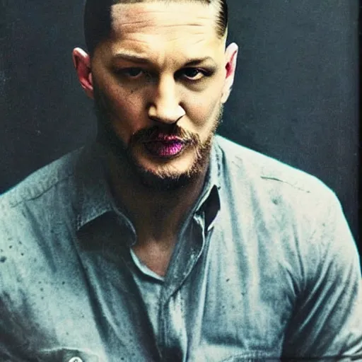 Prompt: “Tom Hardy portrait, color vintage magazine illustration 1950”