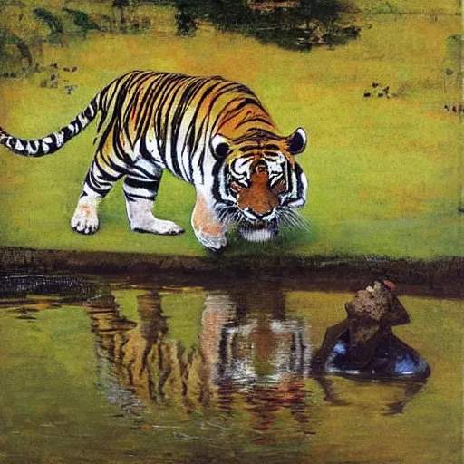 Image similar to a tiger drinks water from a pond by abbey edwin austin