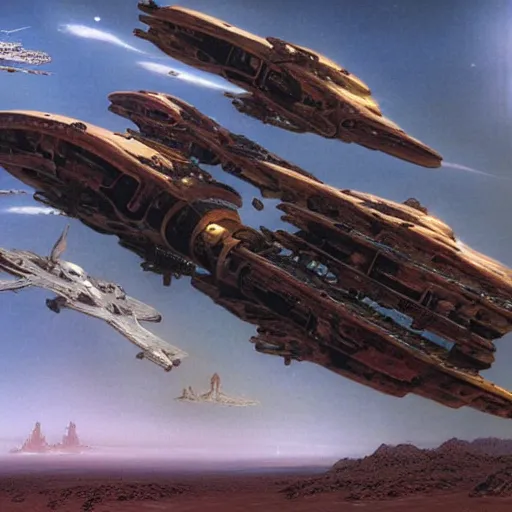 Prompt: dropship wreck in the Gobi desert sci fi by Jim Burns