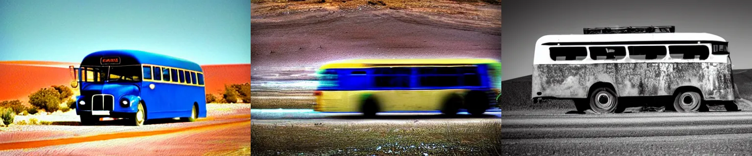 Prompt: Going Nowhere Fast, desert, blue bus