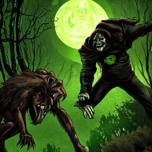 Prompt: doctor doom fighting werewolves in dark forest, digital art, detailed, arian, mark, medieval