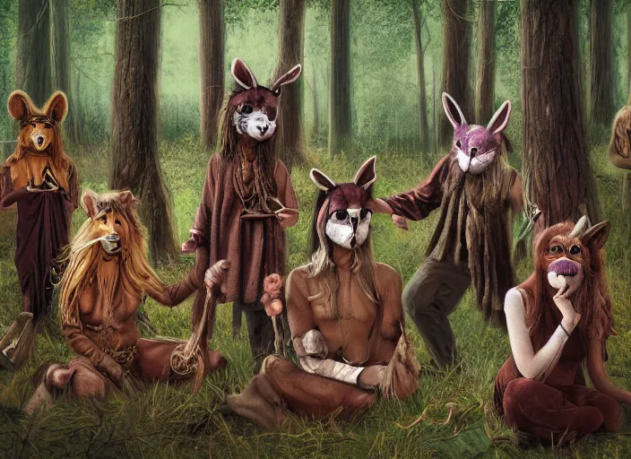 Image similar to forest pagan ritual with people with animal masks by andrews, esao, digital art