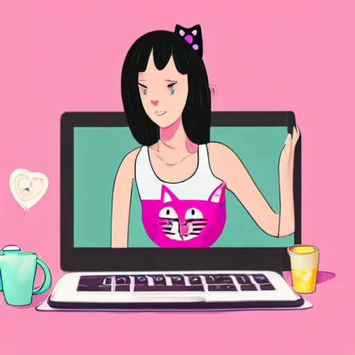 Image similar to cute woman wearing tank top and cat ears plays on computer, digital art